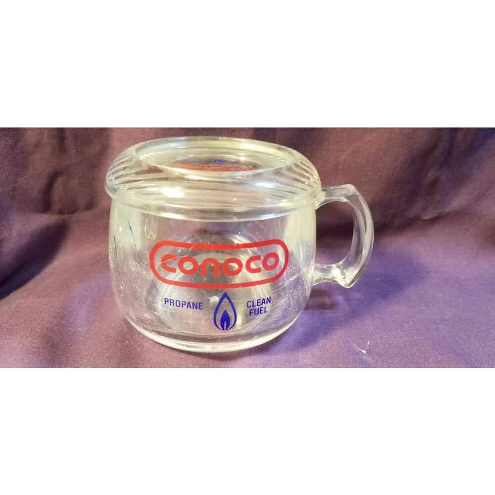 Original Vintage CONOCO Clear Glass Coffee Cup Mug with Lid/Coaster